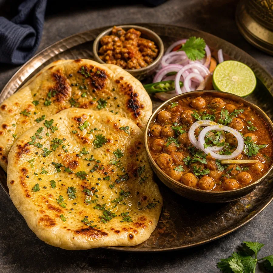 Indian Amritsari Kulcha with Chole, original finished dish food photograph