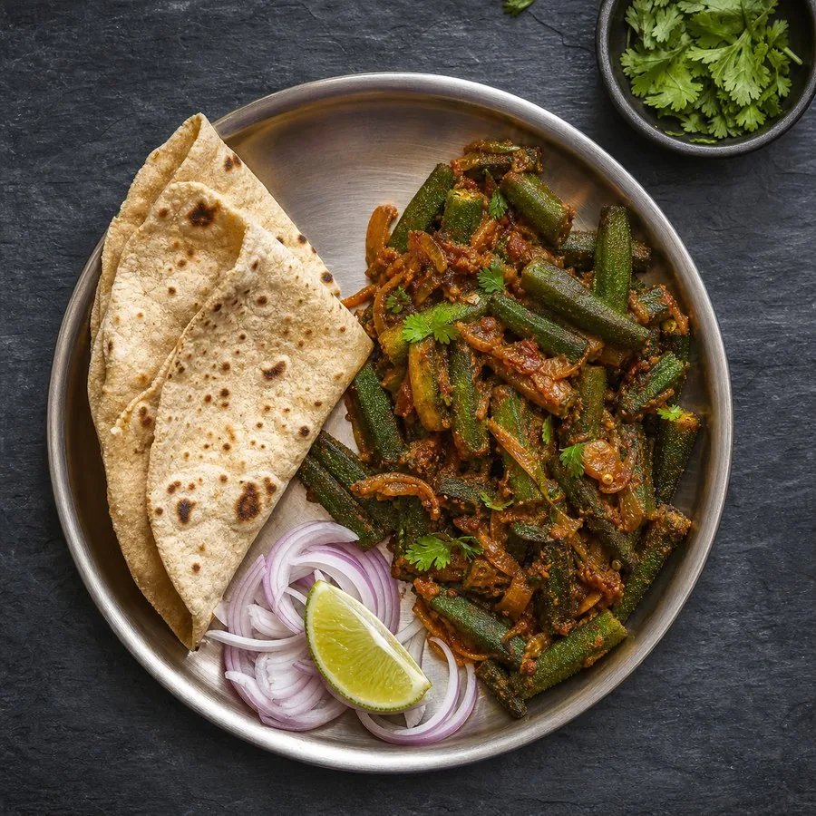 Indian Bhindi Masala with Roti, original finished dish food photograph