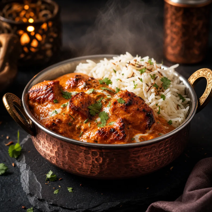 Indian Butter Chicken with Basmati Rice, finished dish