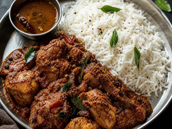 Indian Chicken Chettinad with Rice, finished dish