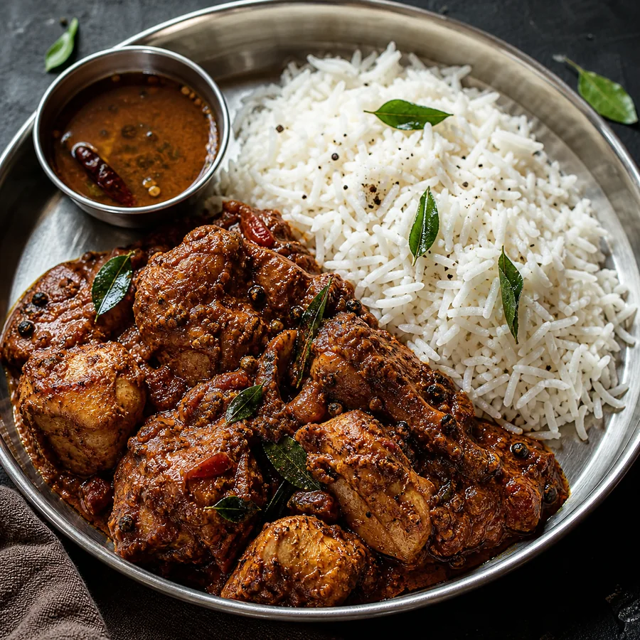 Indian Chicken Chettinad with Rice, finished dish
