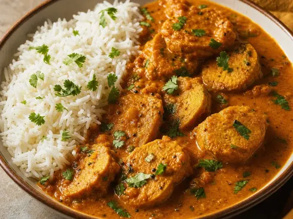 Indian Gatte ki Sabzi with Rice, original finished dish food photograph