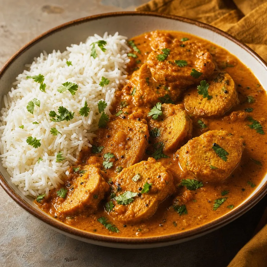 Indian Gatte ki Sabzi with Rice, original finished dish food photograph