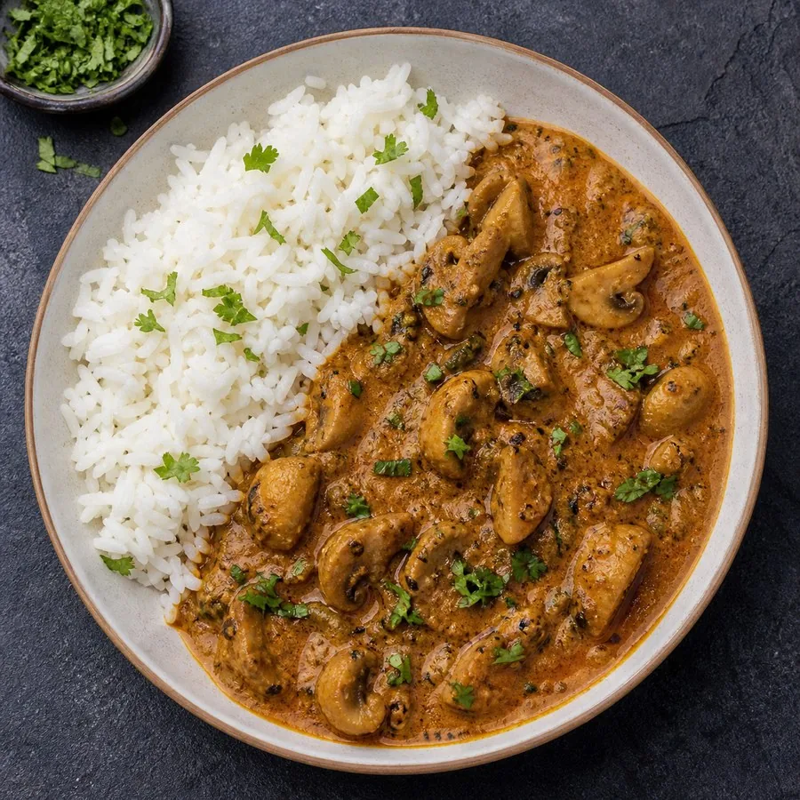 Indian Goan Mushroom Xacuti with Rice, original finished dish food photograph
