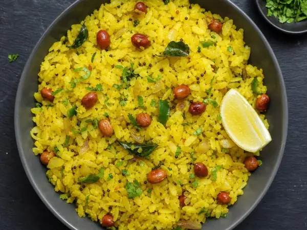 Indian Kanda Poha with Peanuts, original finished dish food photograph