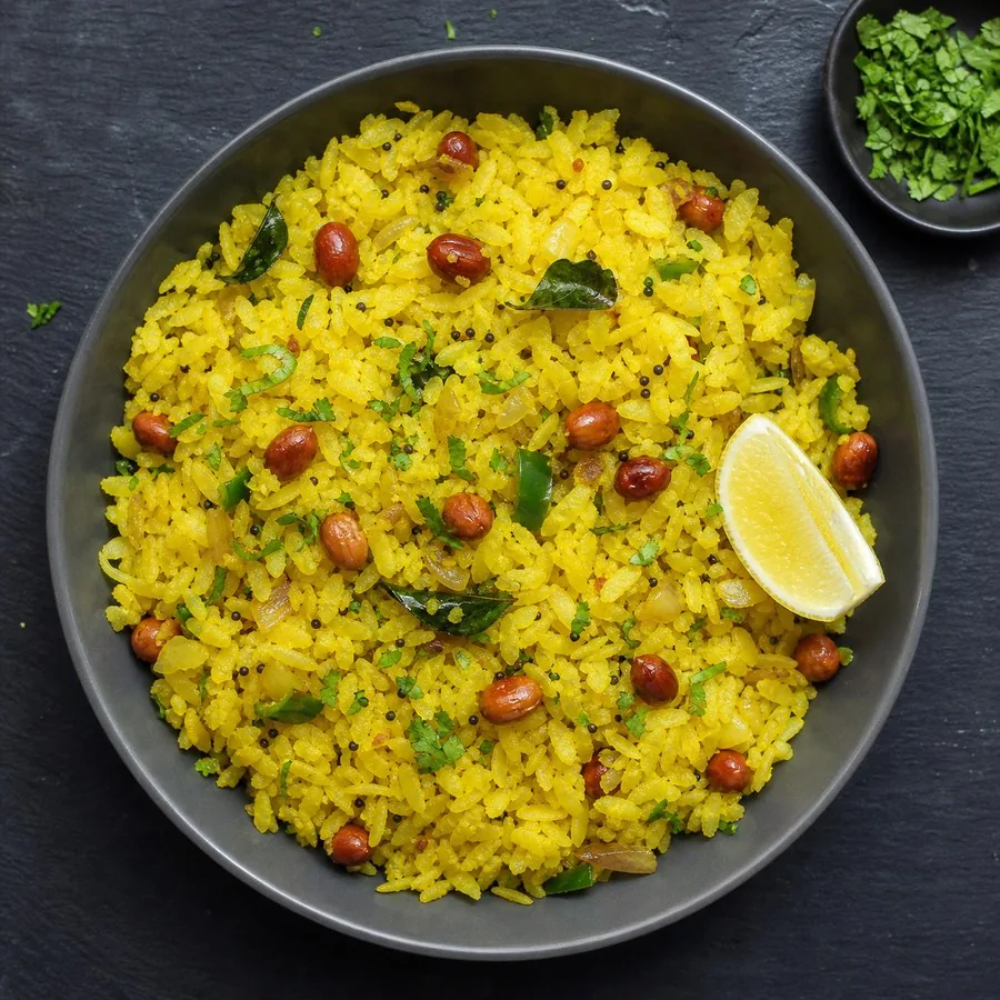 Indian Kanda Poha with Peanuts, original finished dish food photograph