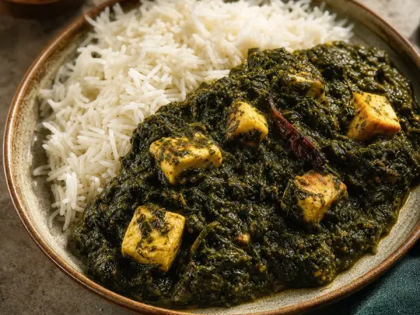Indian Kashmiri Haakh Paneer with Rice, original finished dish food photograph
