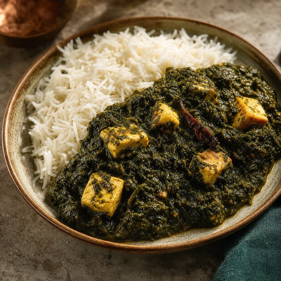 Indian Kashmiri Haakh Paneer with Rice, original finished dish food photograph