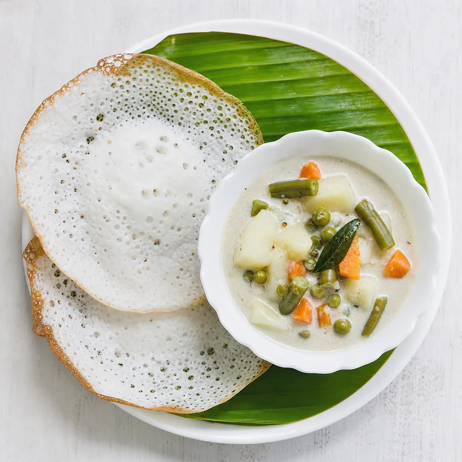 Indian Kerala Vegetable Ishtu with Appam, finished dish