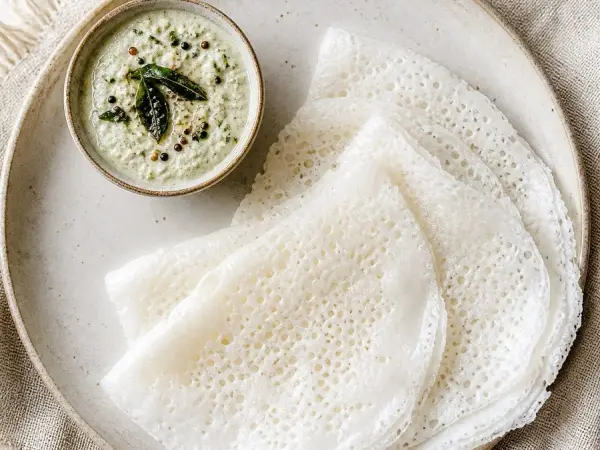 Indian Mangalorean Neer Dosa with Coconut Chutney, original finished dish food photograph