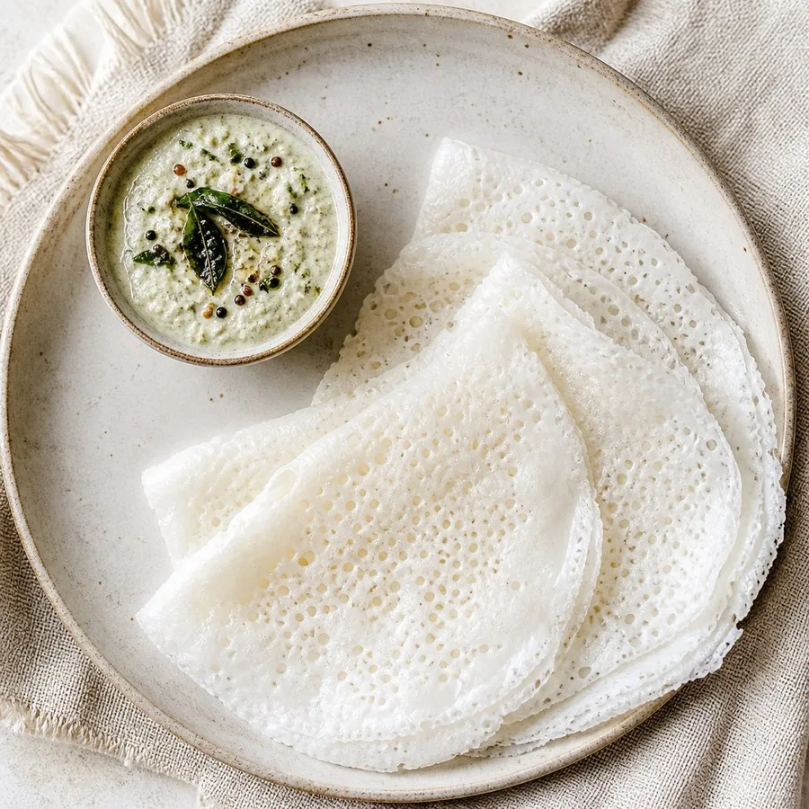 Indian Mangalorean Neer Dosa with Coconut Chutney, original finished dish food photograph