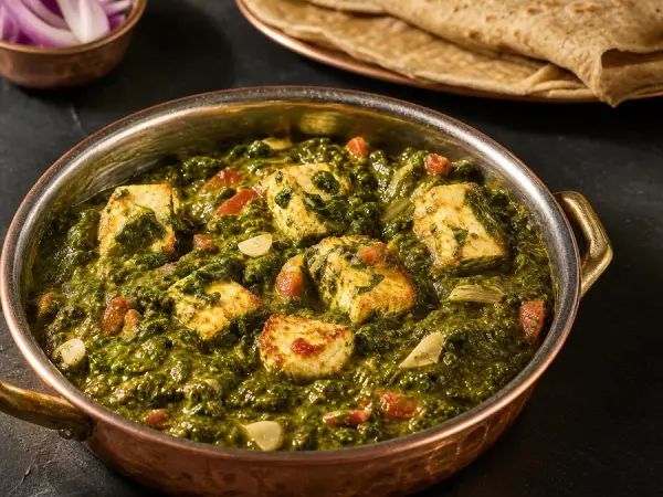Indian Palak Paneer with Roti, finished dish