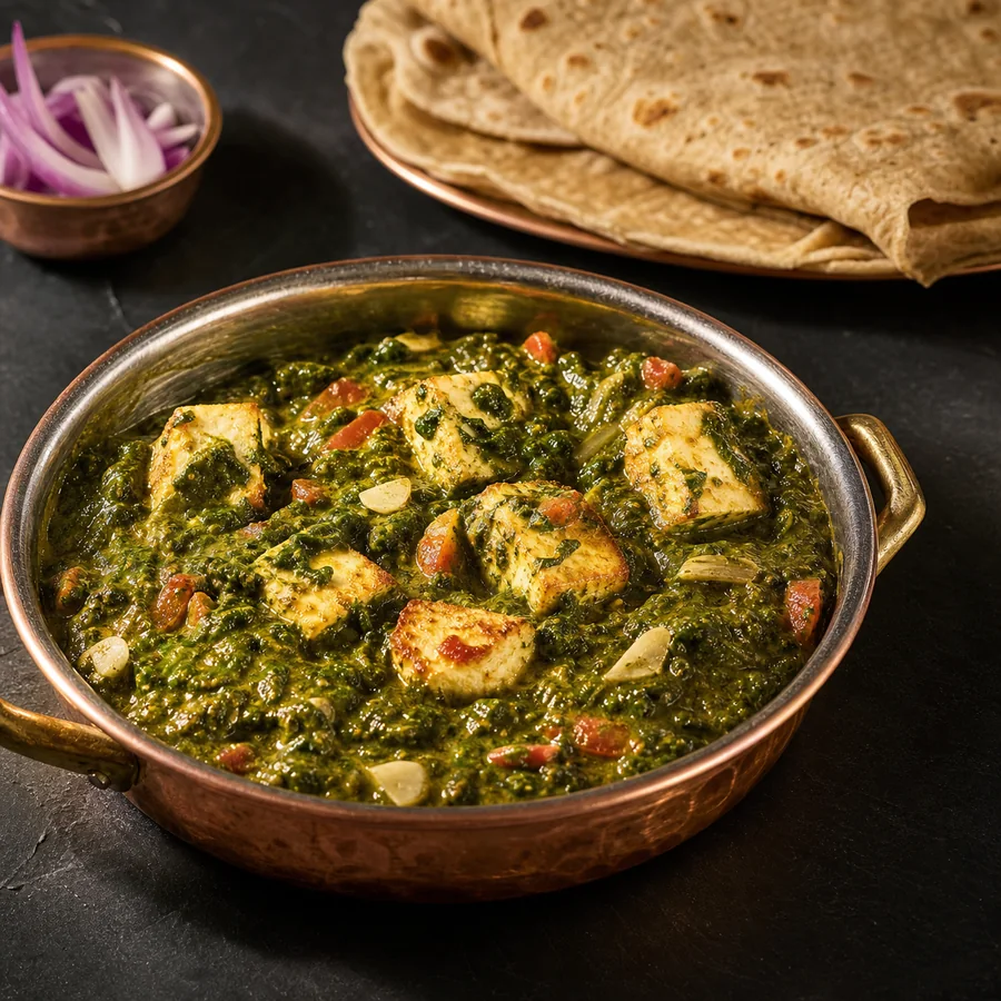 Indian Palak Paneer with Roti, finished dish