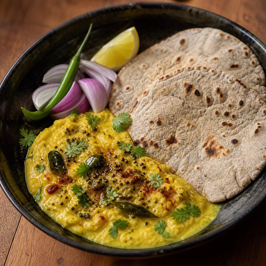 Indian Pithla with Bhakri, original finished dish food photograph