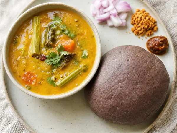 Indian Ragi Mudde with Lentil Sambar, original finished dish food photograph