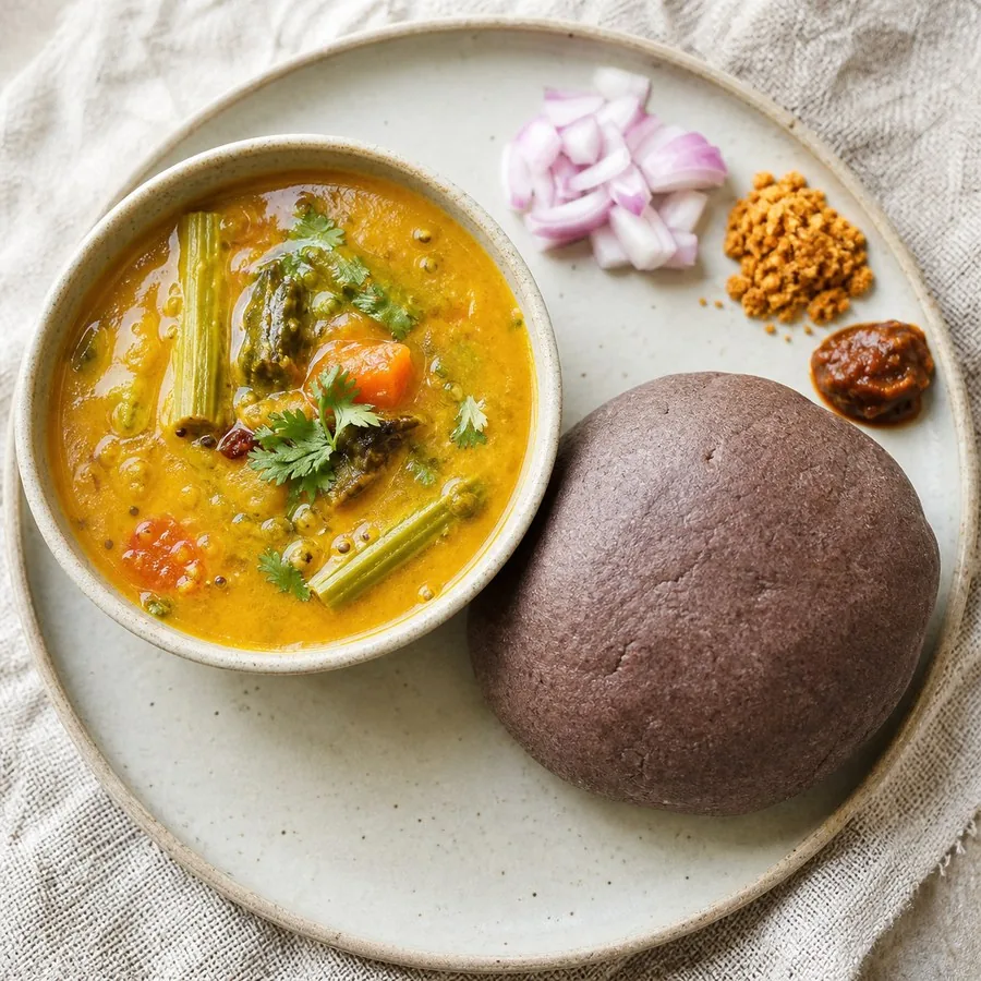 Indian Ragi Mudde with Lentil Sambar, original finished dish food photograph