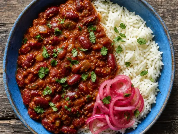 Indian Rajma Chawal with Pickled Onion, finished dish