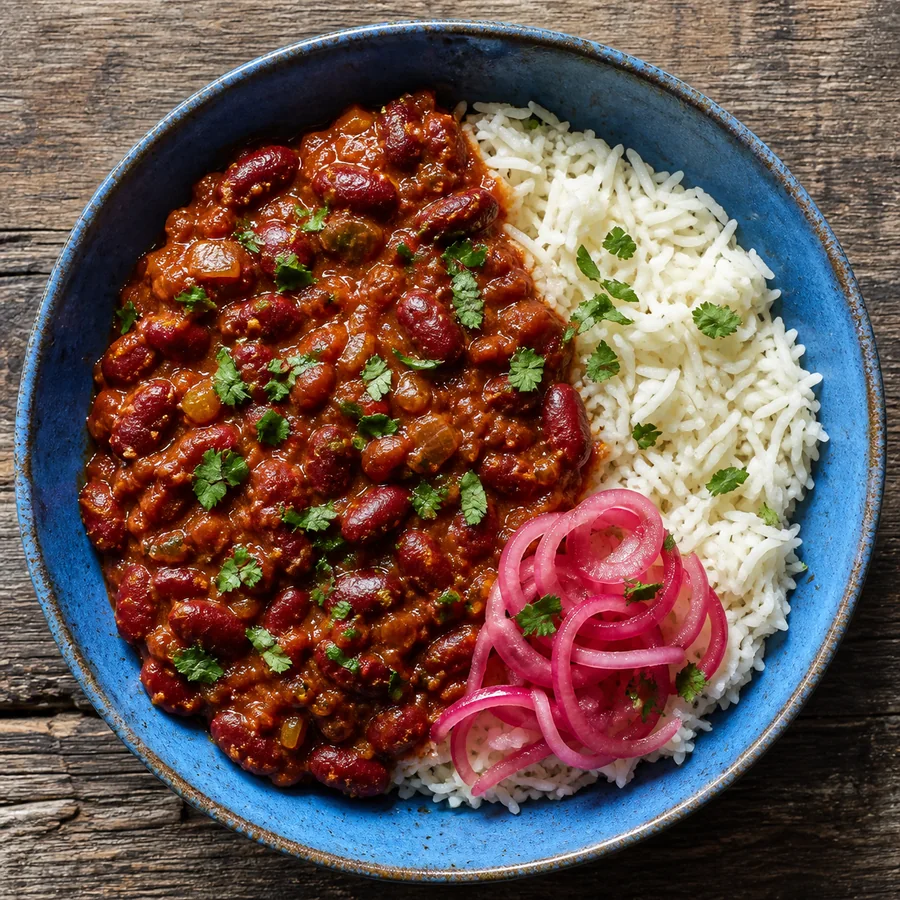 Indian Rajma Chawal with Pickled Onion, finished dish