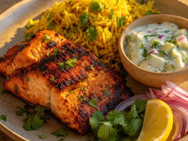 Indian Tandoori Salmon with Cucumber Raita, finished dish