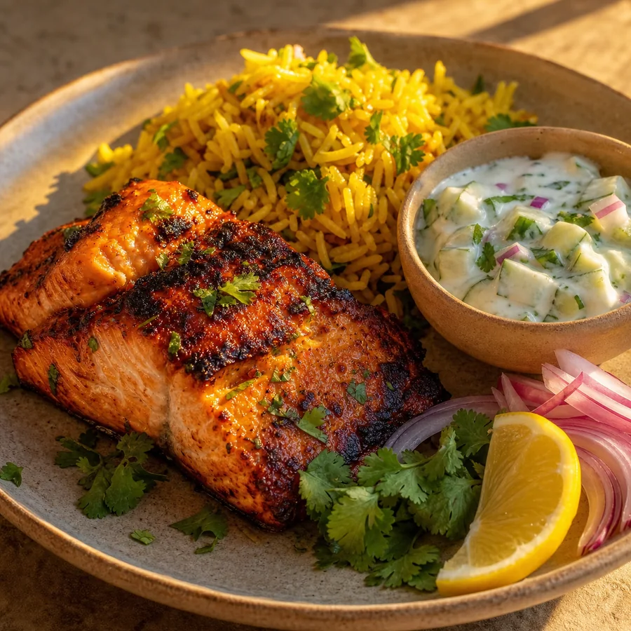 Indian Tandoori Salmon with Cucumber Raita, finished dish