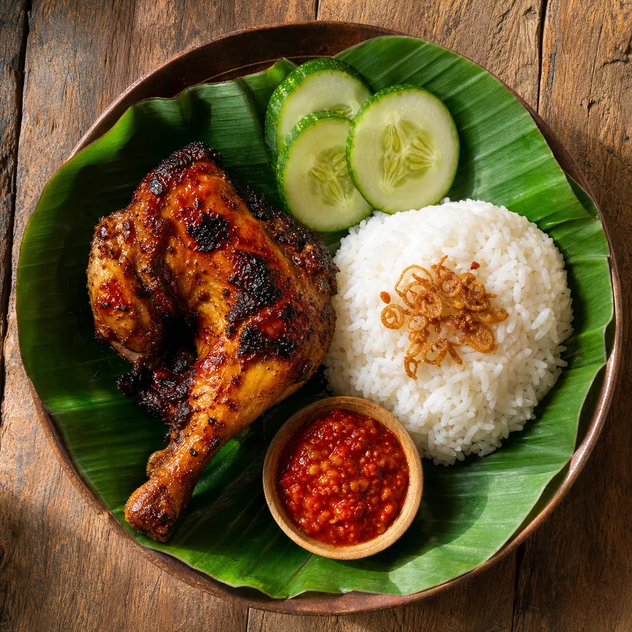 Indonesian Ayam Bakar with Coconut Rice, finished dish