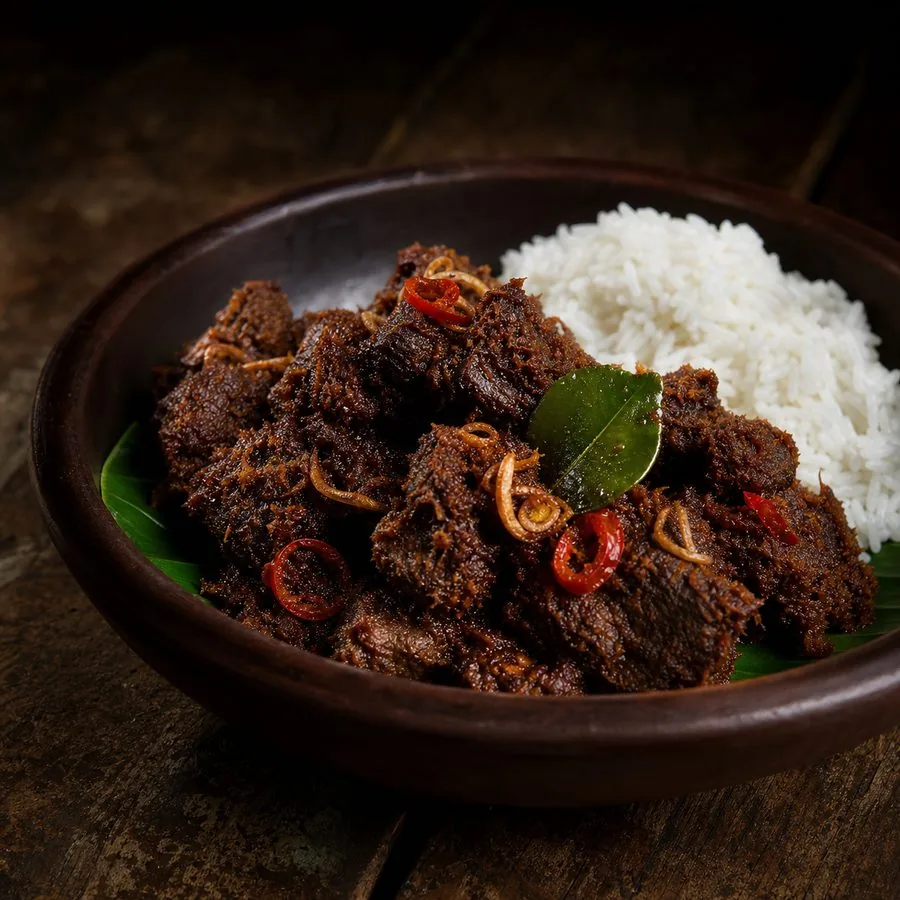Dark coconut beef rendang skillet with jasmine rice, fried shallots, chile, and lime leaf