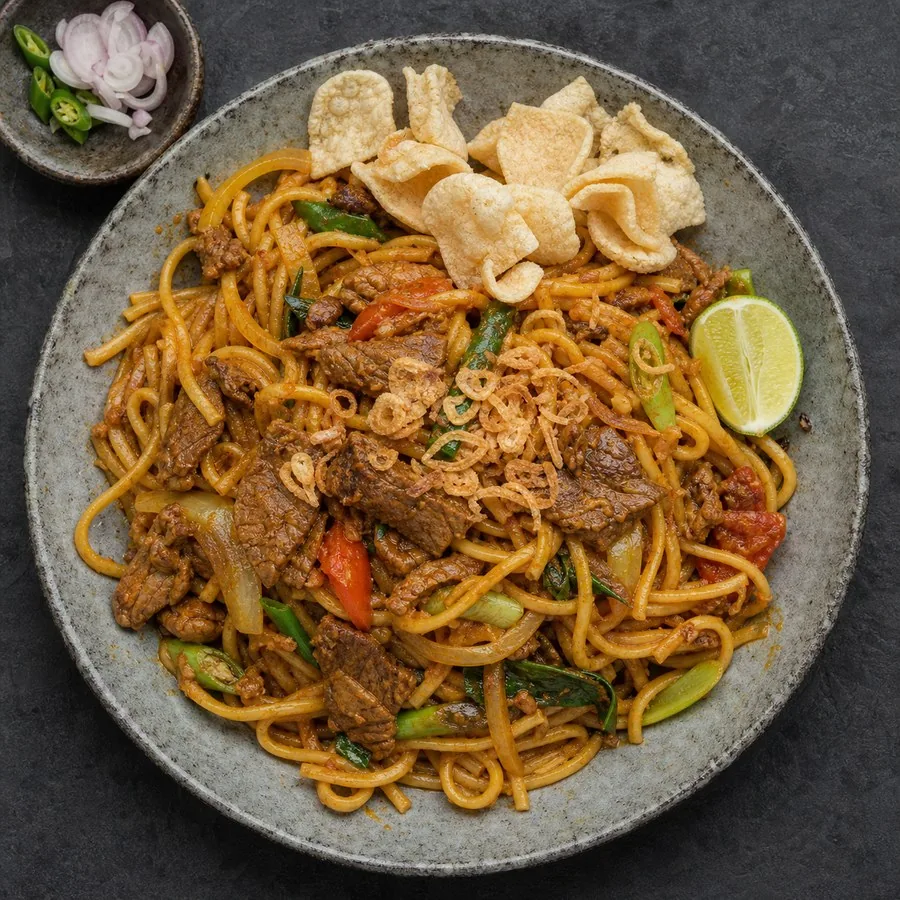 Indonesian Mie Aceh Beef Noodles, original finished dish food photograph