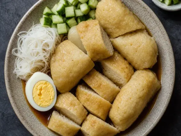 Indonesian Pempek Fish Cakes with Tamarind Sauce, original finished dish food photograph