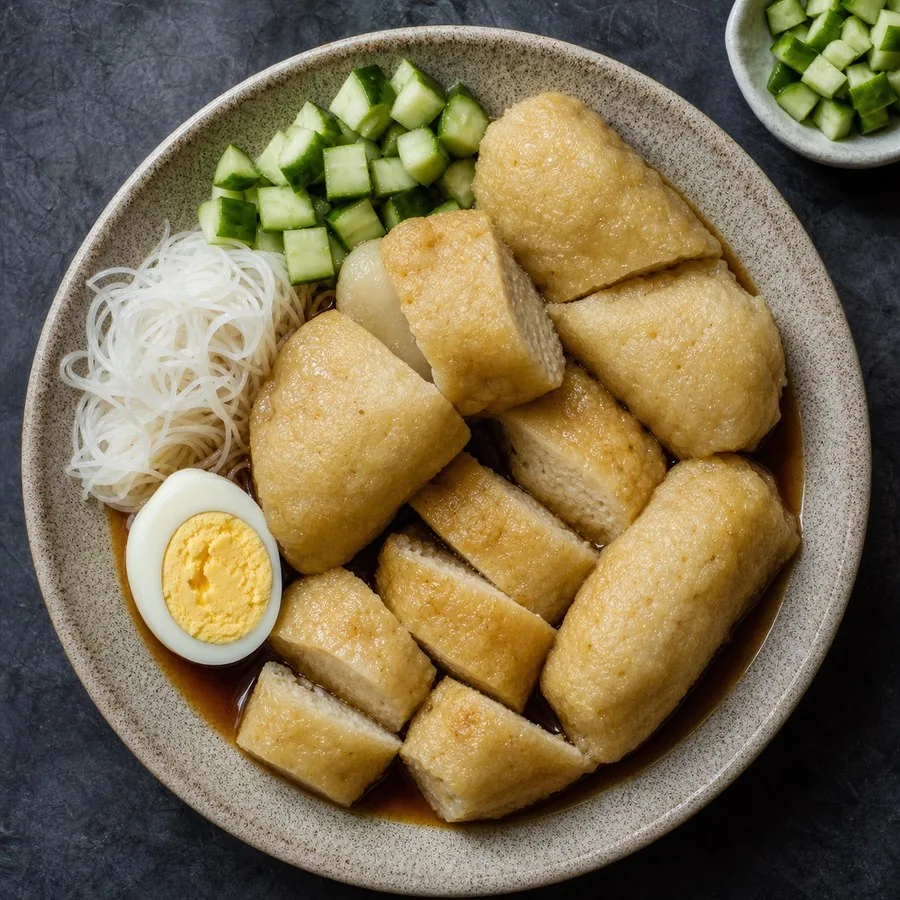 Indonesian Pempek Fish Cakes with Tamarind Sauce, original finished dish food photograph