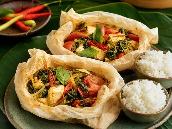 Indonesian Pepes Tofu Tomato Parcels, finished dish
