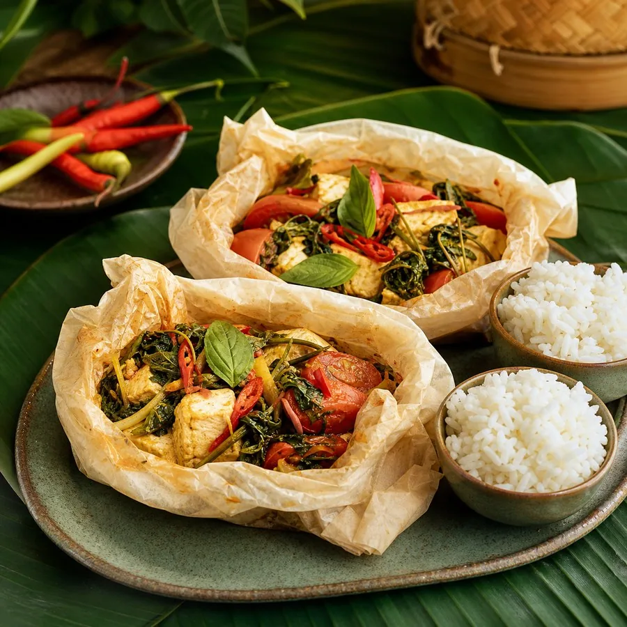 Indonesian Pepes Tofu Tomato Parcels, finished dish