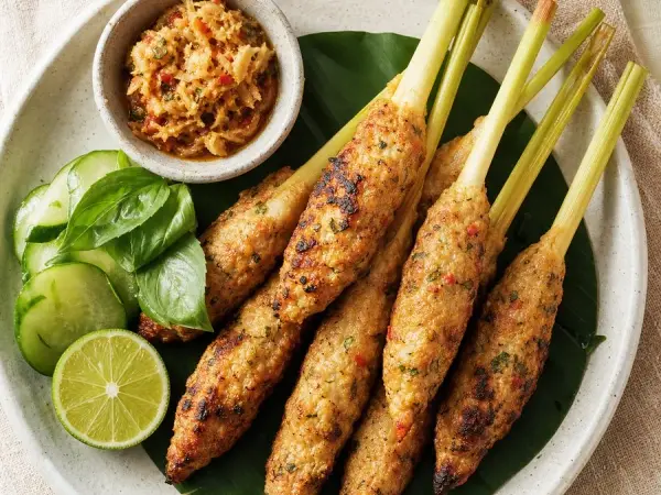 Indonesian Sate Lilit Fish Skewers, original finished dish food photograph