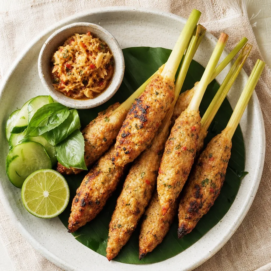 Indonesian Sate Lilit Fish Skewers, original finished dish food photograph