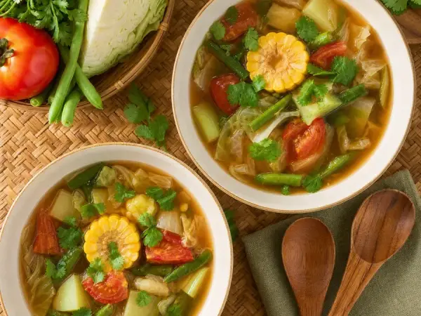 Indonesian Sayur Asem Tamarind Vegetable Soup, finished dish