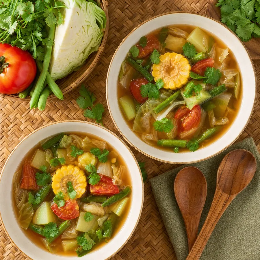 Indonesian Sayur Asem Tamarind Vegetable Soup, finished dish