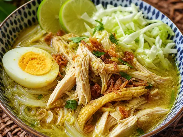 Indonesian Soto Ayam with Rice, finished dish