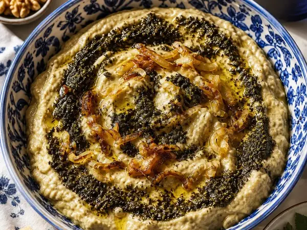 Iranian Kashk-e Bademjan Eggplant Dip, finished dish