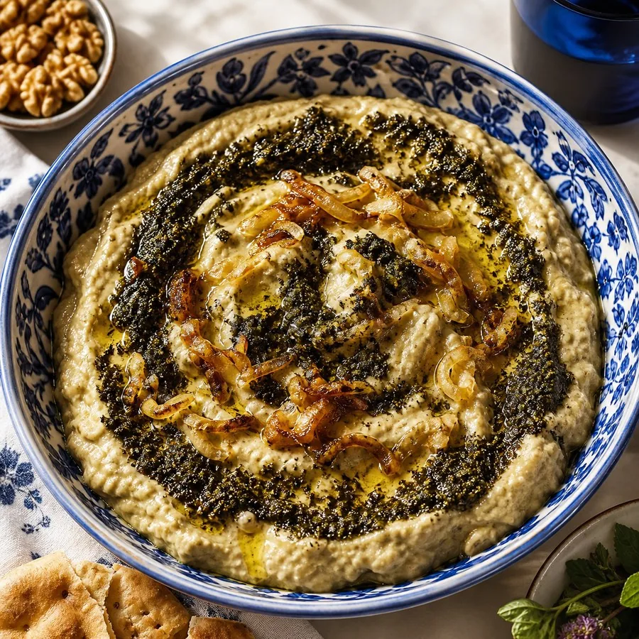 Iranian Kashk-e Bademjan Eggplant Dip, finished dish