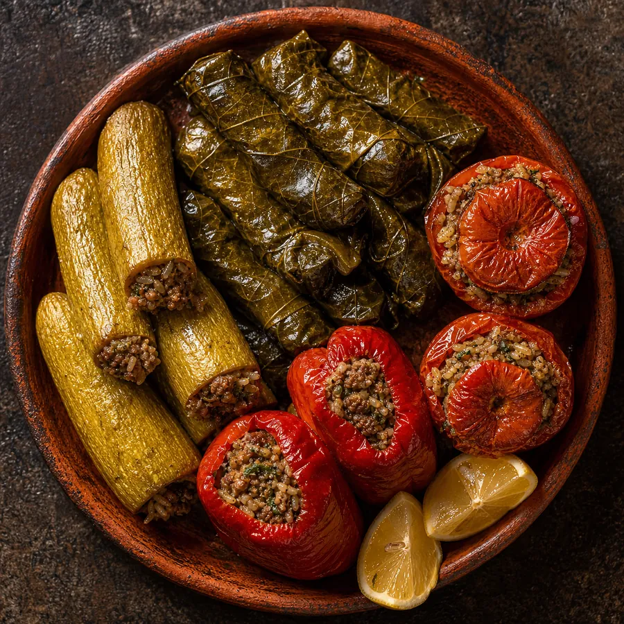 Iraqi Dolma Stuffed Vegetables with grape leaves zucchini and tomato