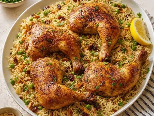 Iraqi-Inspired Chicken and Almond Rice, finished dish