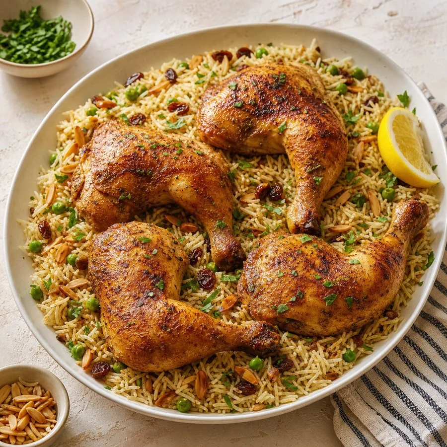 Iraqi-Inspired Chicken and Almond Rice, finished dish