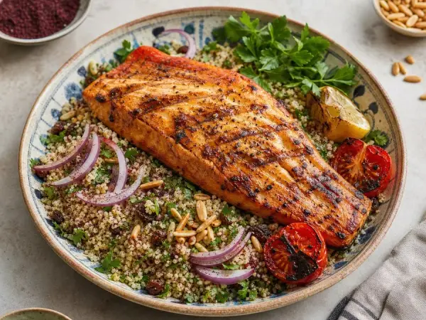 Iraqi Masgouf-Style Salmon with Sumac Couscous, finished dinner
