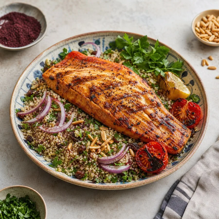 Iraqi Masgouf-Style Salmon with Sumac Couscous, finished dinner