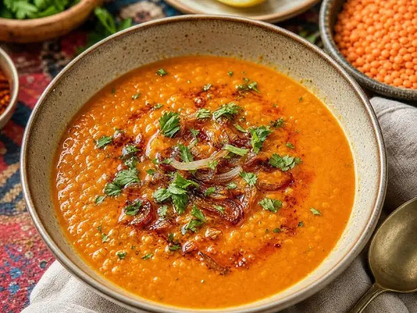 Iraqi Shorbat Adas Red Lentil Soup, finished dish