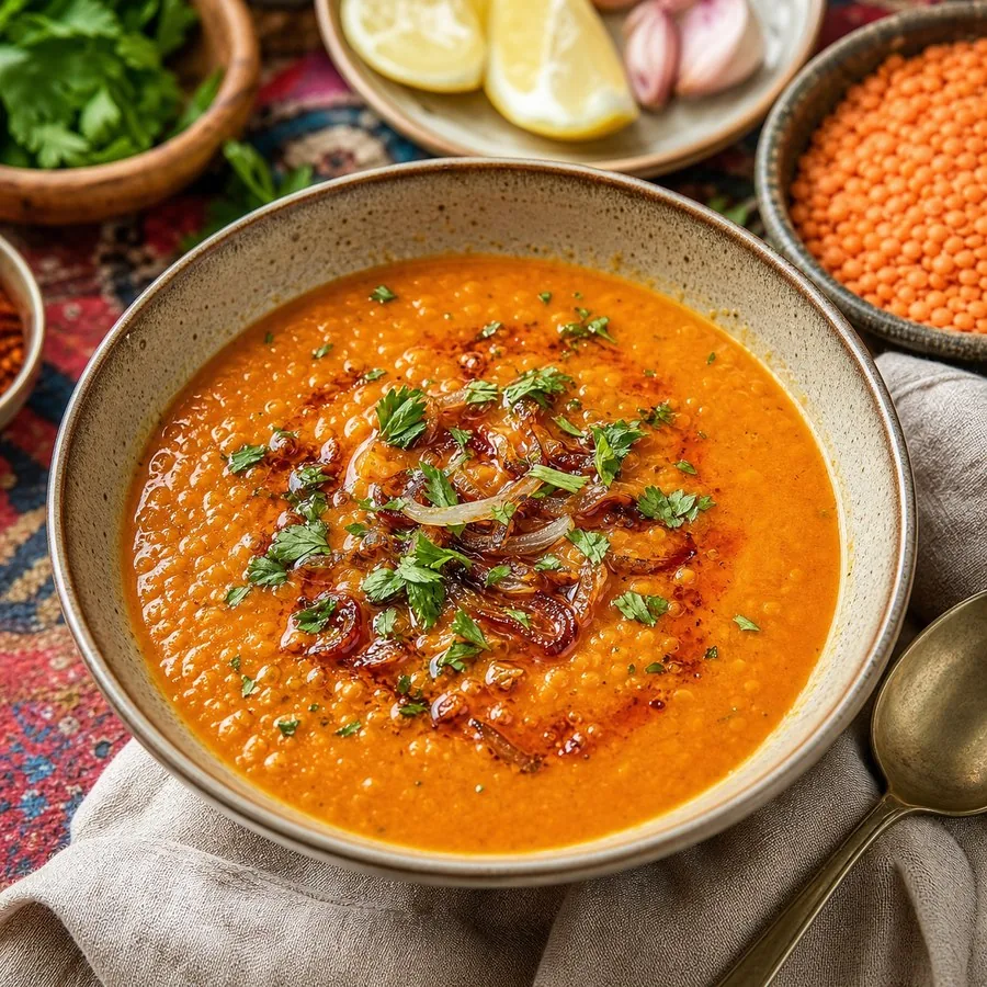 Iraqi Shorbat Adas Red Lentil Soup, finished dish