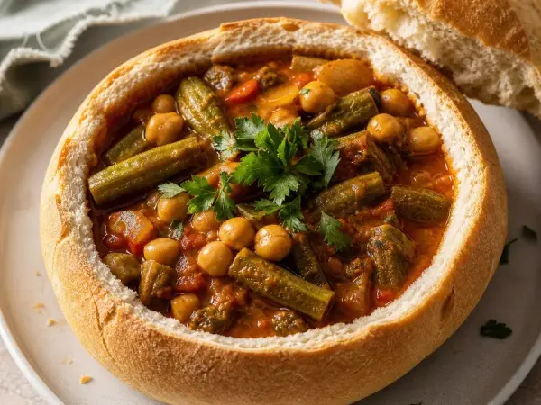 Iraqi Tashreeb Bamia Okra Chickpea Bread Bowl, finished dish
