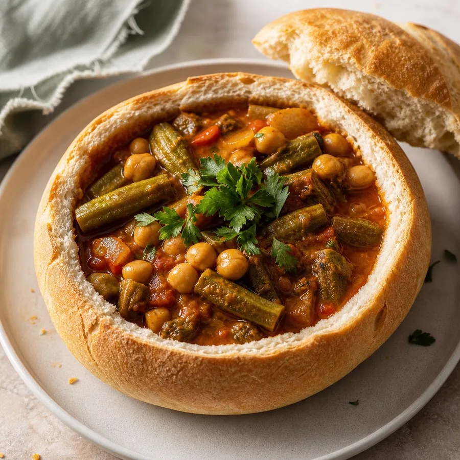 Iraqi Tashreeb Bamia Okra Chickpea Bread Bowl, finished dish