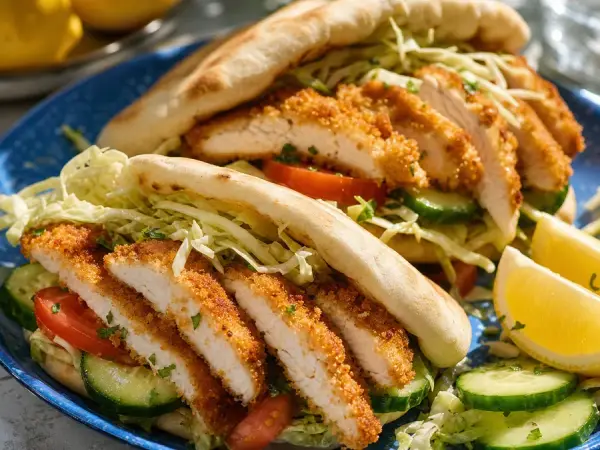 Israeli Chicken Schnitzel Pitas with cabbage and cucumber