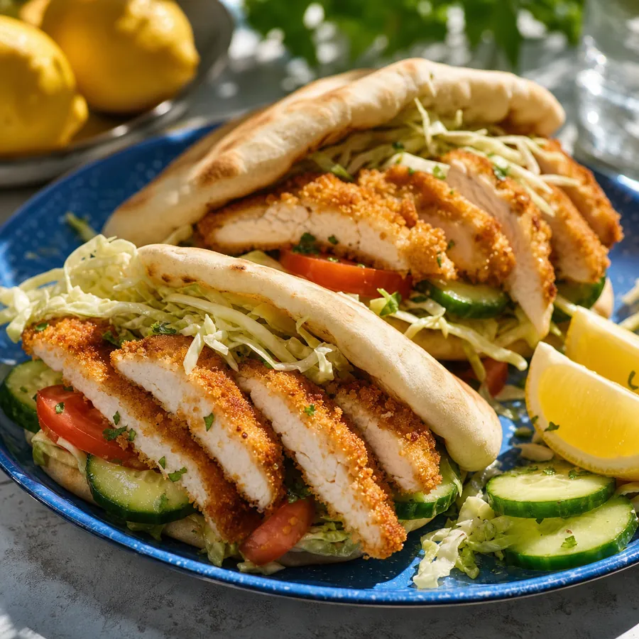 Israeli Chicken Schnitzel Pitas with cabbage and cucumber