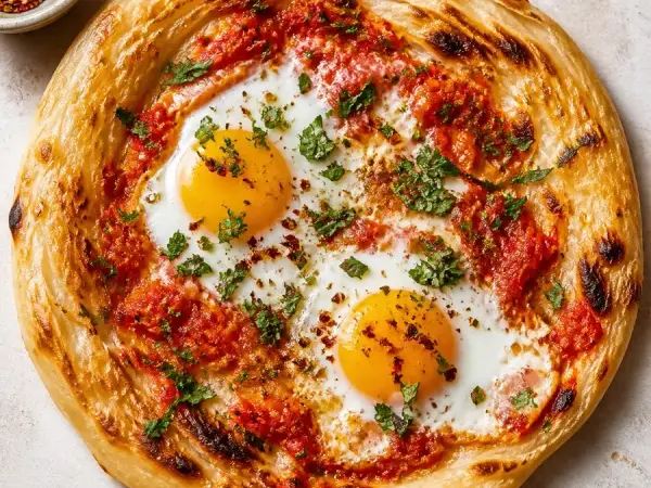 Israeli Malawach-Inspired Tomato Egg Flatbread, finished dish